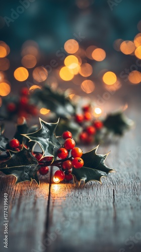 Christmas Candlelight with Holly and Bokeh Lights on Wooden Table