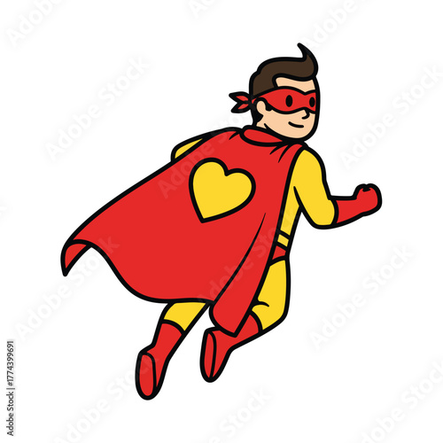 Cartoon superhero with heart emblem