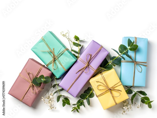 Pastel gifts with string and greenery on a white background, beautifully arranged