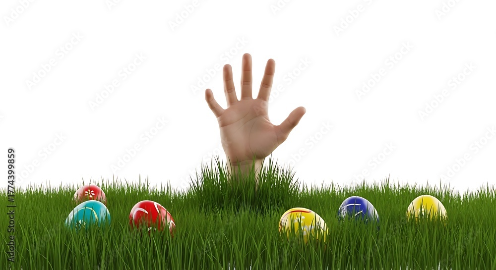 Fototapeta premium Hand emerging from grass with colorful Easter eggs image