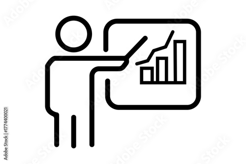 The image is a minimalist, black-and-white line icon representing a person giving a presentation or a lesson.
