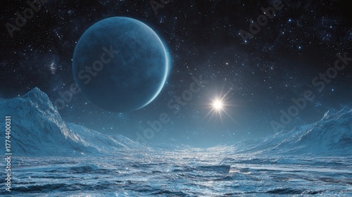 distant icy planet, glowing starfield, cosmic frozen world background 