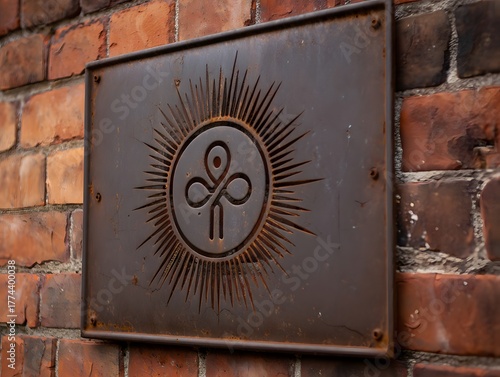Rusted sign on brick wall with abstract symbol and sunburst pattern detail showing age and weat hering