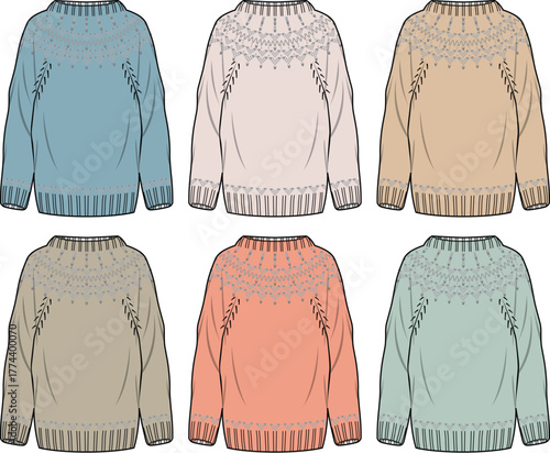 Flat technical illustrations of knitted sweaters with fair isle patterns. A collection in various pastel colors, showcasing winter fashion and apparel design concepts for cozy and stylish garments