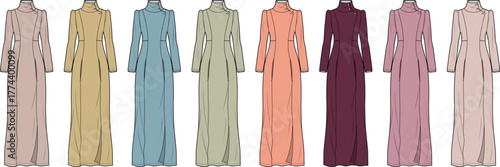 Set of colorful long-sleeved high-neck maxi dresses. Fashion technical flat illustration for modest apparel design and clothing templates