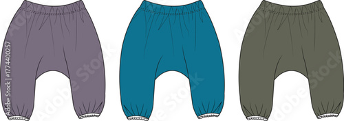Three pairs of children's loose-fitting harem pants in various colors on a white background