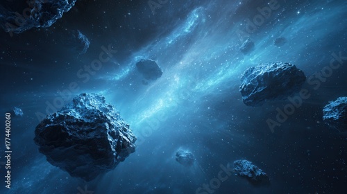 glowing asteroids floating in deep space, cosmic background 