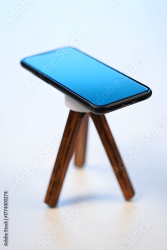 Smartphone on a tripod for photography and videography in a studio setting with blue screen