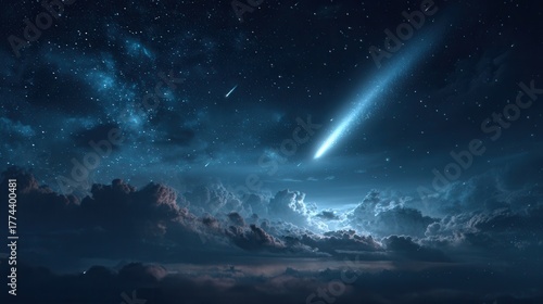 magical glowing starry night sky with comets, cosmic fantasy background 