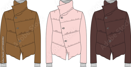Fashion Illustration Collection of stylish puffer jackets in various colors and designs