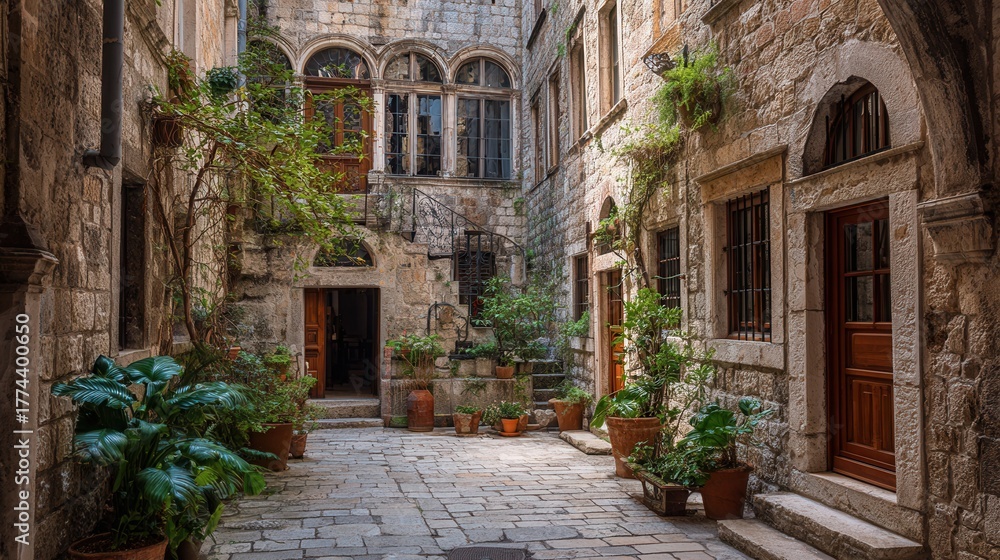 Fototapeta premium old european courtyard, stone walls and windows, rustic urban background
