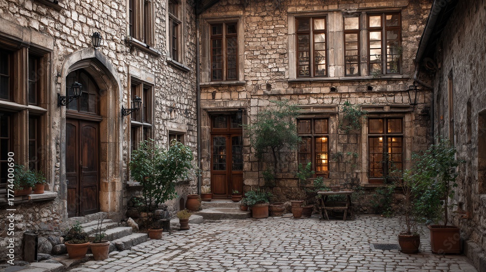 Fototapeta premium old european courtyard, stone walls and windows, rustic urban background 