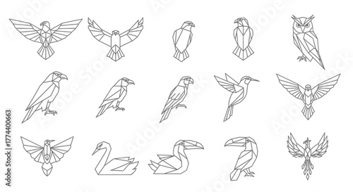 A collection of line art illustrations depicting various birds in a geometric, polygonal style.