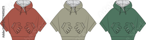 Fashion flat technical sketches showcasing a cozy hooded poncho with distinctive hand-shaped front pockets, presented in a trio of versatile earthy color palettes for apparel design concepts