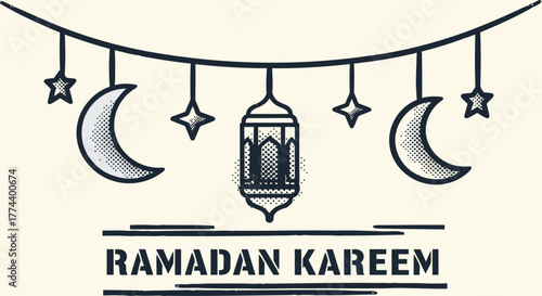 Elegant Ramadan Kareem Banner with Moon, Lantern, and Stars