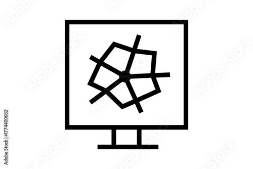 The image is a bold, black-and-white line icon that represents complex data visualization or computer analysis.