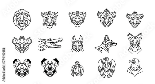 A collection of geometric line art portraits featuring various African animals.