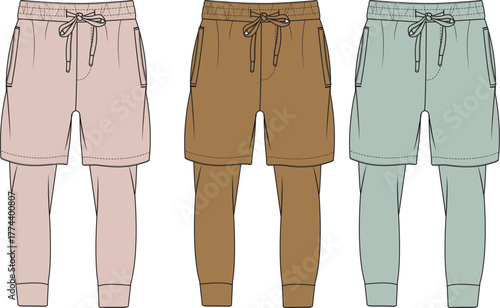 Set of modern men's activewear illustrations showcasing a layered design of comfortable shorts over joggers in various trendy color palettes