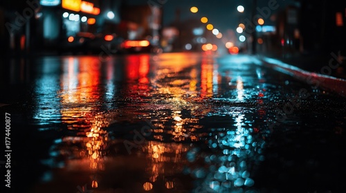 rainy city street, glowing reflections on wet asphalt, moody urban background