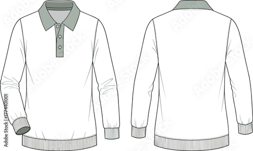 Front and back view of a white longsleeved polo shirt with a grey collar and button placket