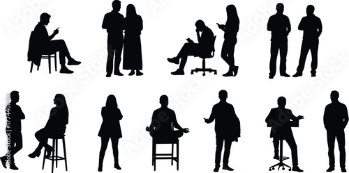 Collection of black silhouette figures of people in various poses, including sitting, standing, and interacting