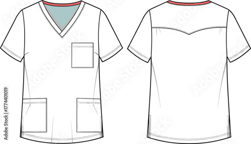 Front and back view of a white vneck scrub top with pockets, designed for healthcare professionals, offering comfort, functionality, and a clean, professional appearance