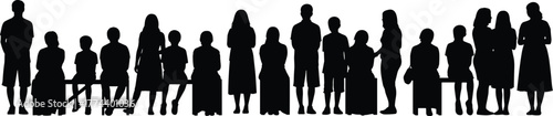 Silhouette of a diverse group of people, men, women, and children, standing and sitting