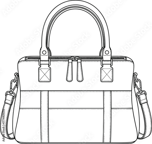 Line drawing of a black leather duffel bag with top handles and a detachable shoulder strap