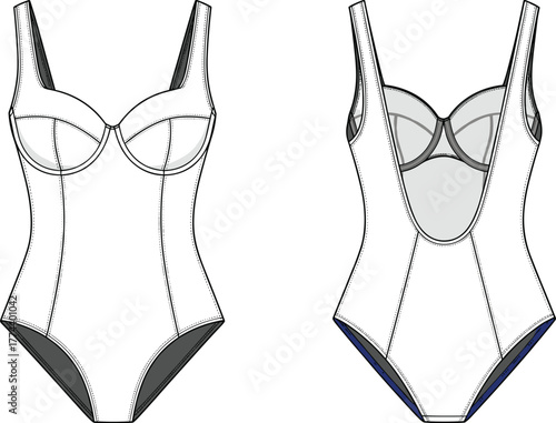 Fashion illustration of a white onepiece swimsuit, front and back view, with detailed stitching and strap design