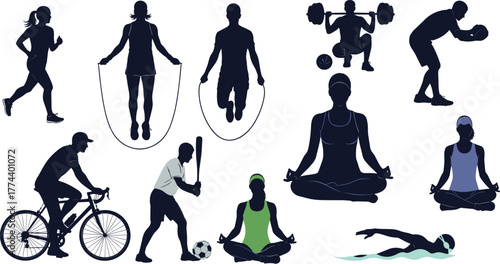 Collection of silhouettes representing diverse fitness activities including running, cycling, yoga, and weightlifting