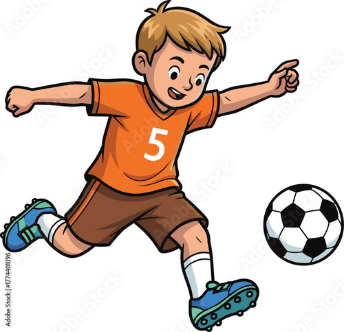 Cartoon illustration of a young boy in an orange jersey kicking a soccer ball
