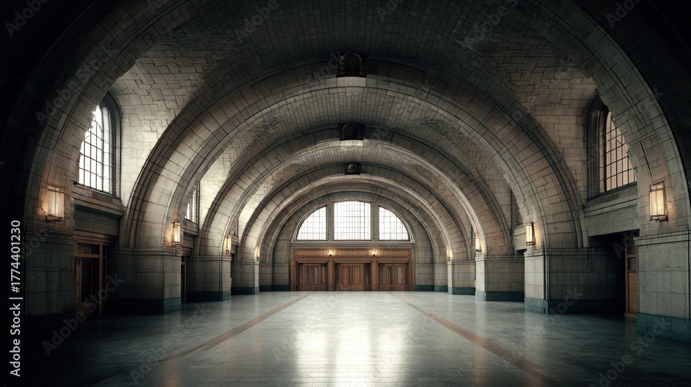 Fototapeta premium vintage train station interior, grand arches, historic urban background 