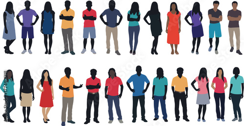 A diverse group of casual people in silhouette, standing and posing in various relaxed stances