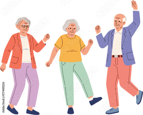 Three elderly people joyfully dancing and celebrating