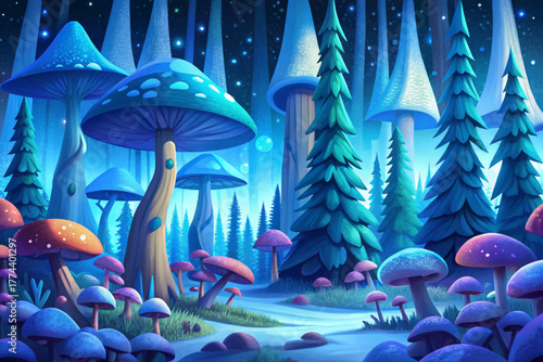 Pine forest at night, snow on ground, bioluminescent mushrooms emitting blue light