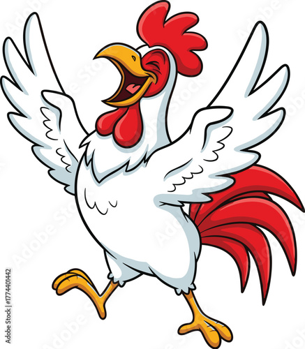 A joyful cartoon rooster with its wings spread wide and beak open