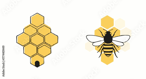 A collection of bee and honeycomb icons for logo design. Stylized vector illustration of a honeybee and beehive for apiculture branding