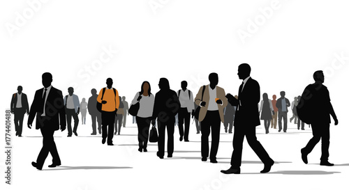 Silhouettes of a diverse crowd of people walking in different directions