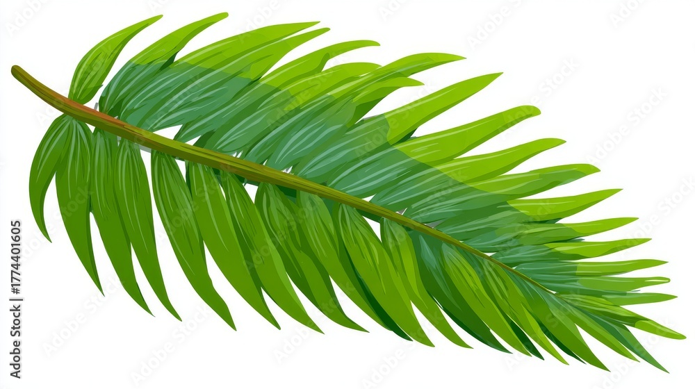 Obraz premium Isolated on a clean white background, a single fern frond with many leaflets showcases the delicate patterns and natural elegance of its vibrant green foliage