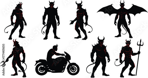 Assortment of demonic silhouettes featuring horns, tails, and wings, with some riding motorcycles and others holding tridents
