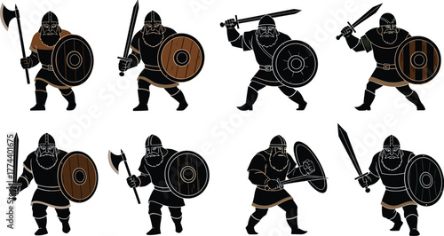 A collection of eight warrior silhouettes in medieval attire, wielding swords and axes with round shields