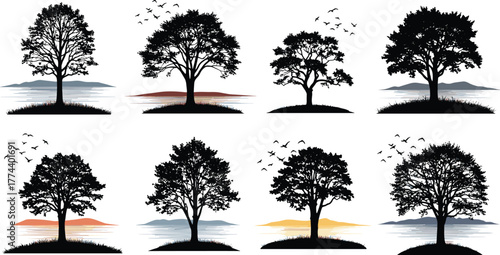 Collection of eight stylized silhouette trees with birds flying in the sky