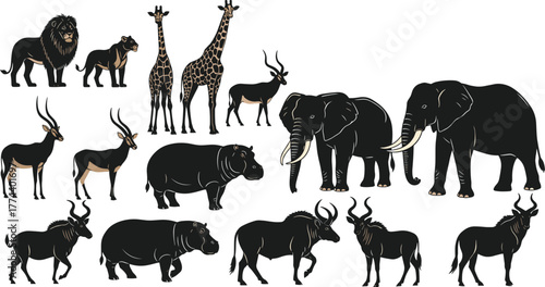 Diverse collection of african wildlife silhouettes including lions, elephants, giraffes, hippos, and antelopes