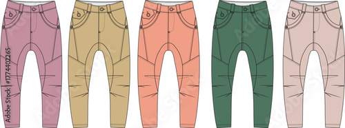 Set of colorful fashion jogger pants with panel details. Vector illustration of technical flat sketches for apparel design and clothing manufacturing