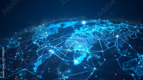 digital world map made of glowing lines and dots, blue futuristic tone, network connections, modern business concept background