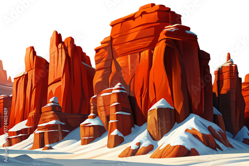 Bright red sandstone cliffs covered in thick white snow creating dramatic contrast