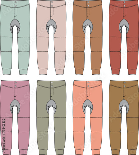 Colorful collection of illustrated long underwear clothing designs for apparel and fashion