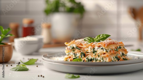 A photorealistic image of a spinach lasagna baked to perfection.