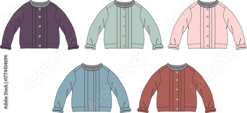 Collection of colorful cardigan sweaters in various shades and colors, fashion apparel design