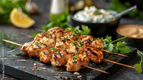 A grilled chicken souvlaki skewer with tzatziki sauce and feta cheese.